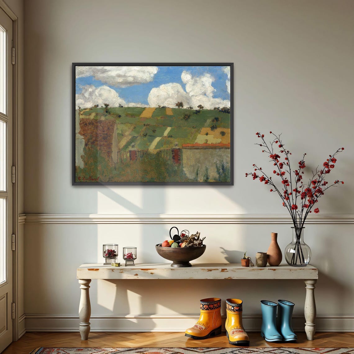 Framed Print Of Rural Landscape With Clouds And Fields Landscape Print Green And Brown Living Room Art Print Boho Art
