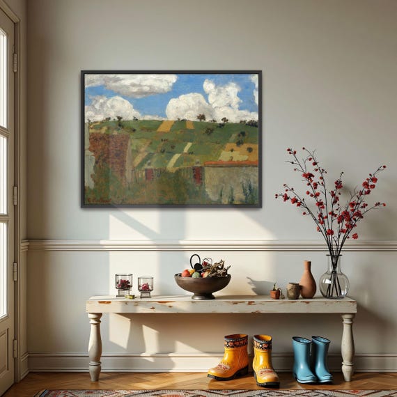Framed Print Of Rural Landscape With Clouds And Fields Landscape Print Green And Brown Living Room Art Print Boho Art