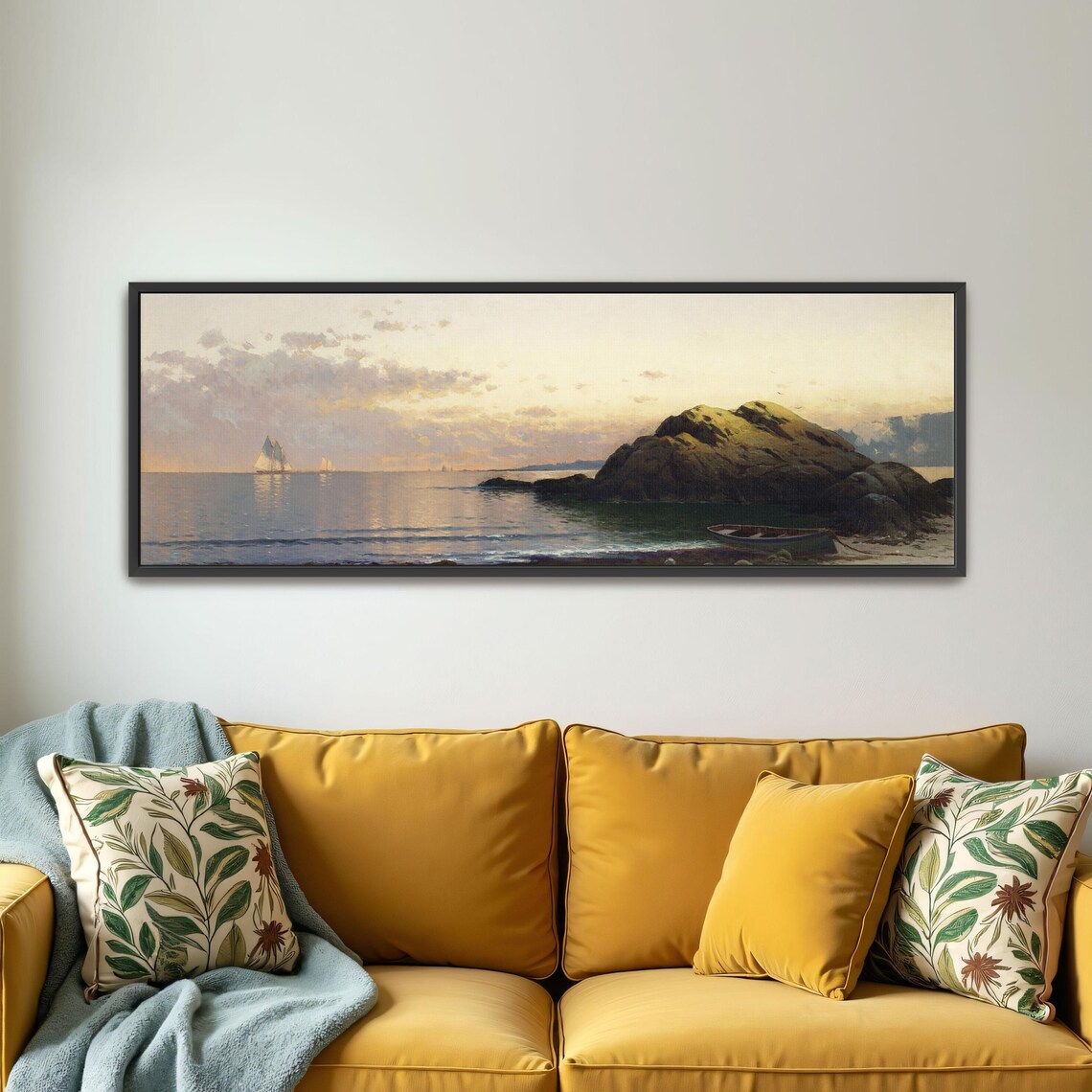 Golden Sunset Seascape With Sailboats Near a Rocky Shore Poster - Image 2