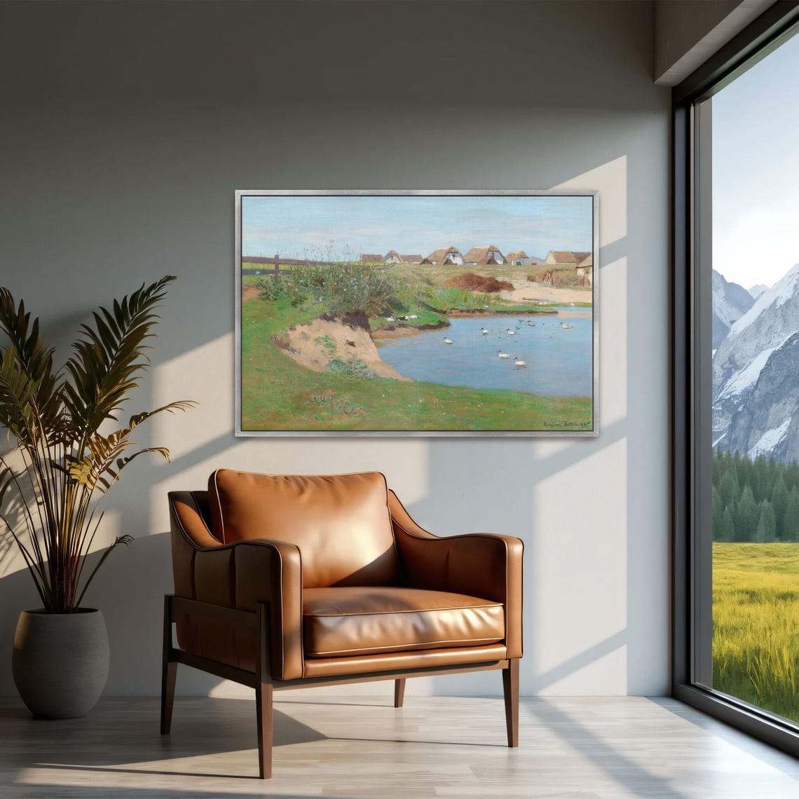 Framed Print Of Farmhouses By A Pond With Ducks Landscape Fine Art Print Green And Blue Entryway Art Print Country Oil Painting - Image 2