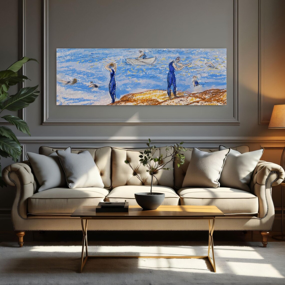 Pastel Drawing of Swimmers and Boats in Bright Blue Water Poster - Image 3