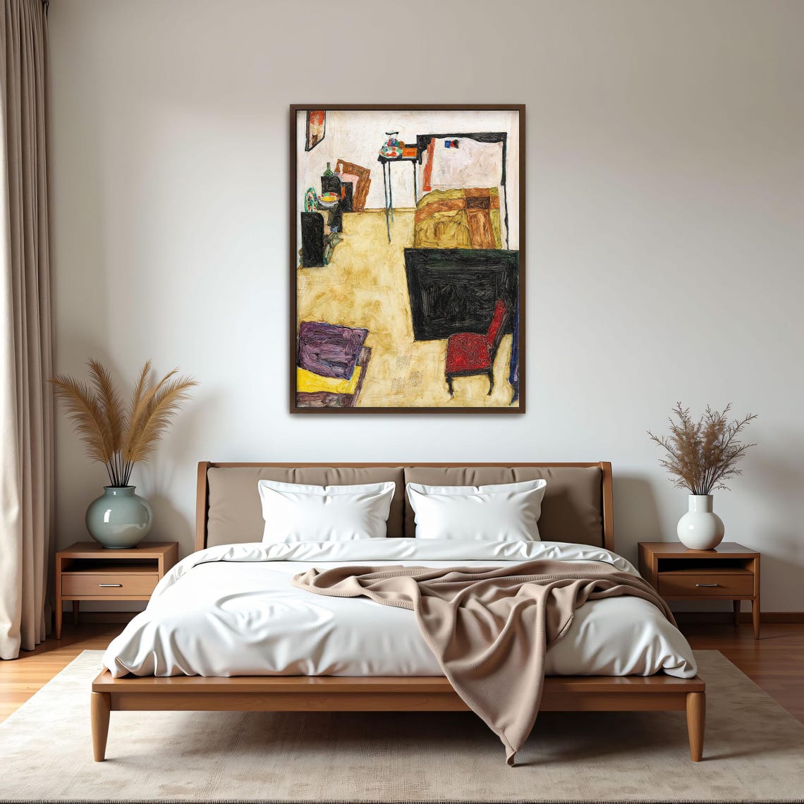 Framed Wall Art Of A Room With A Bed Chair And Table Geometric Print Brown And Beige Living Room Art Print Abstract Artwork - Image 5