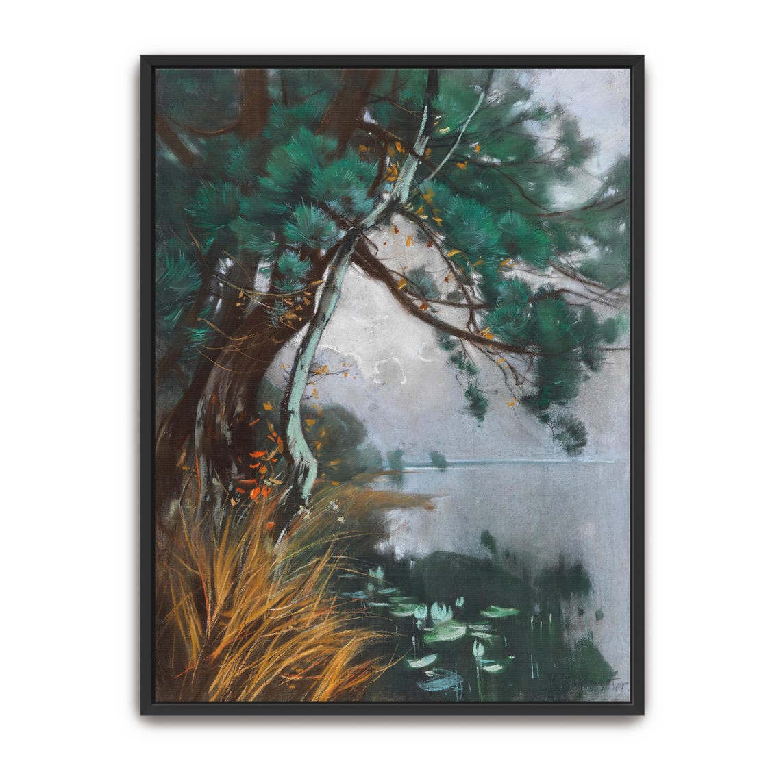 Leaning Pine Tree Over A Misty Lake With Water Lilies Poster