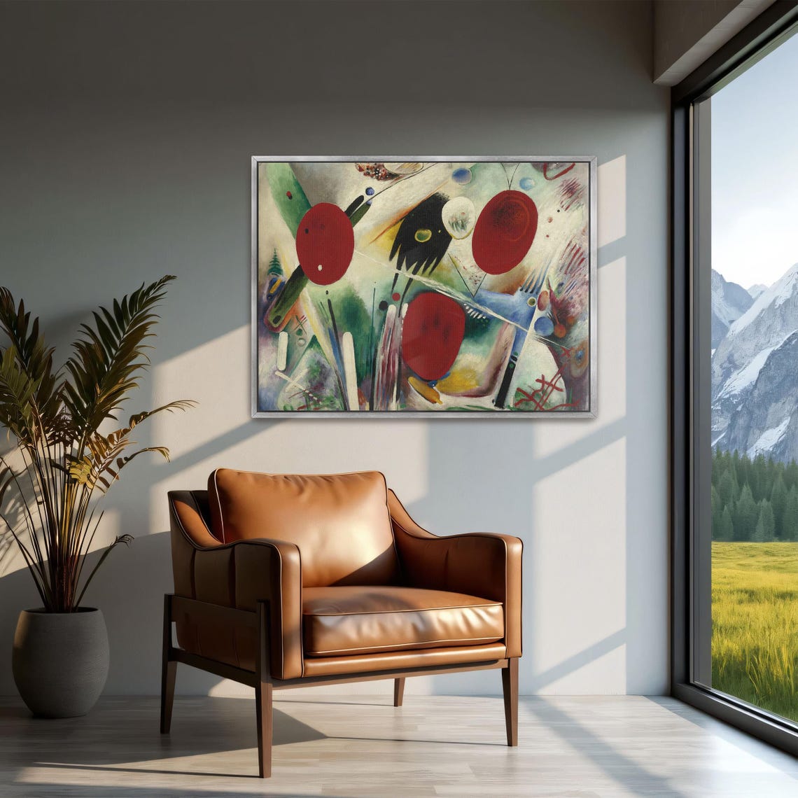 Framed Wall Art Of Abstract Art With Red Circles Geometric Wall Art Red And White Living Room Art Minimalist Oil Painting - Image 2