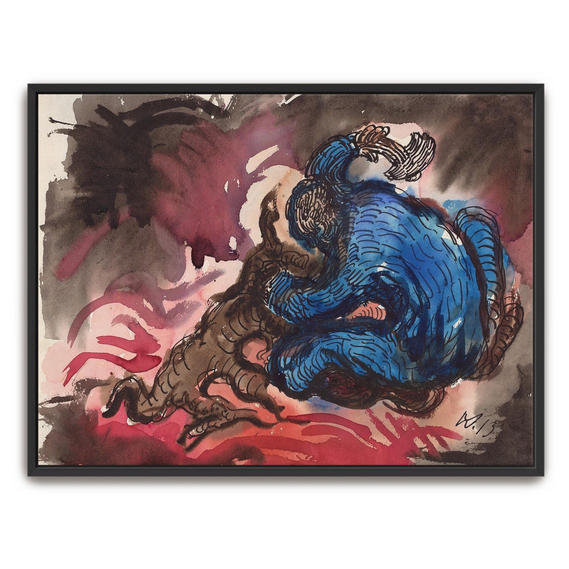 Blue Figure With Brown Beast Expressionist Watercolor Poster