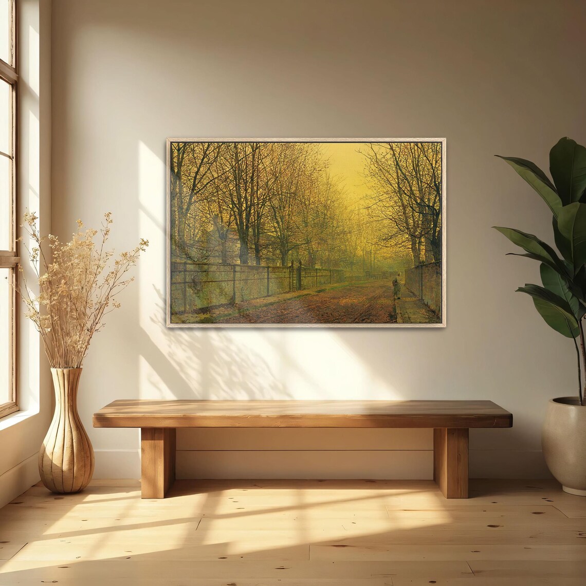 Woman Walking Down A Tree Lined Autumn Street Painting Poster - Image 4