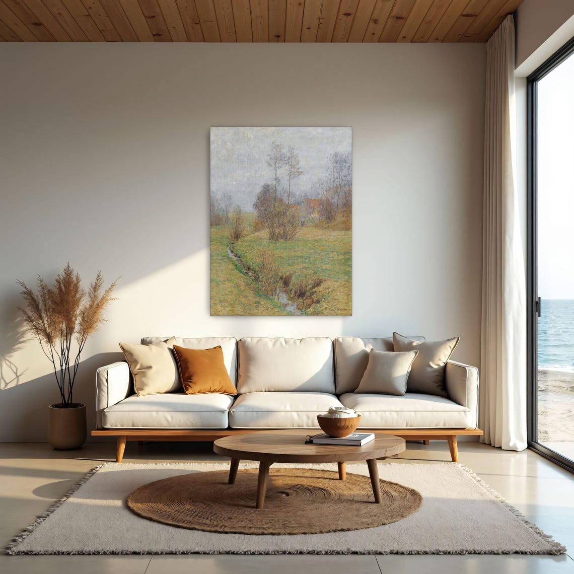 Framed Print Of A Stream Flows Through A Grassy Field Landscape Wall Art Green And Gray Living Room Art Print - Image 2