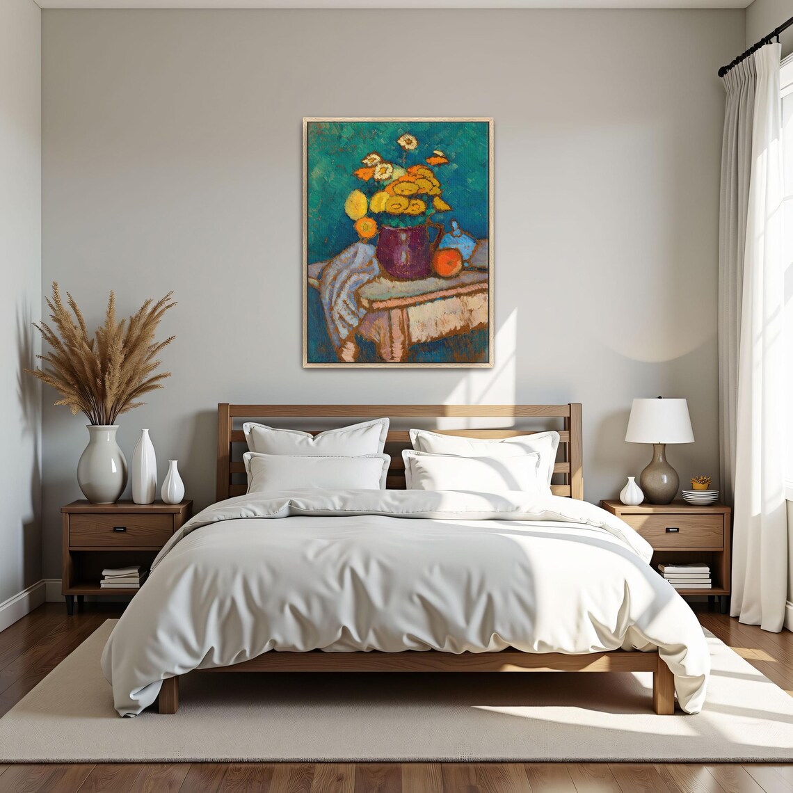 Yellow Flowers In A Purple Jug On A Table Still Life Painting Poster - Image 4