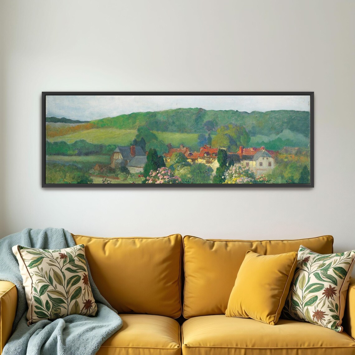 Countryside Landscape With Houses And Trees Panoramic Wall Art Horizontal Framed Art Above Bed Wall Art Bedroom And Living Room Art - Image 4