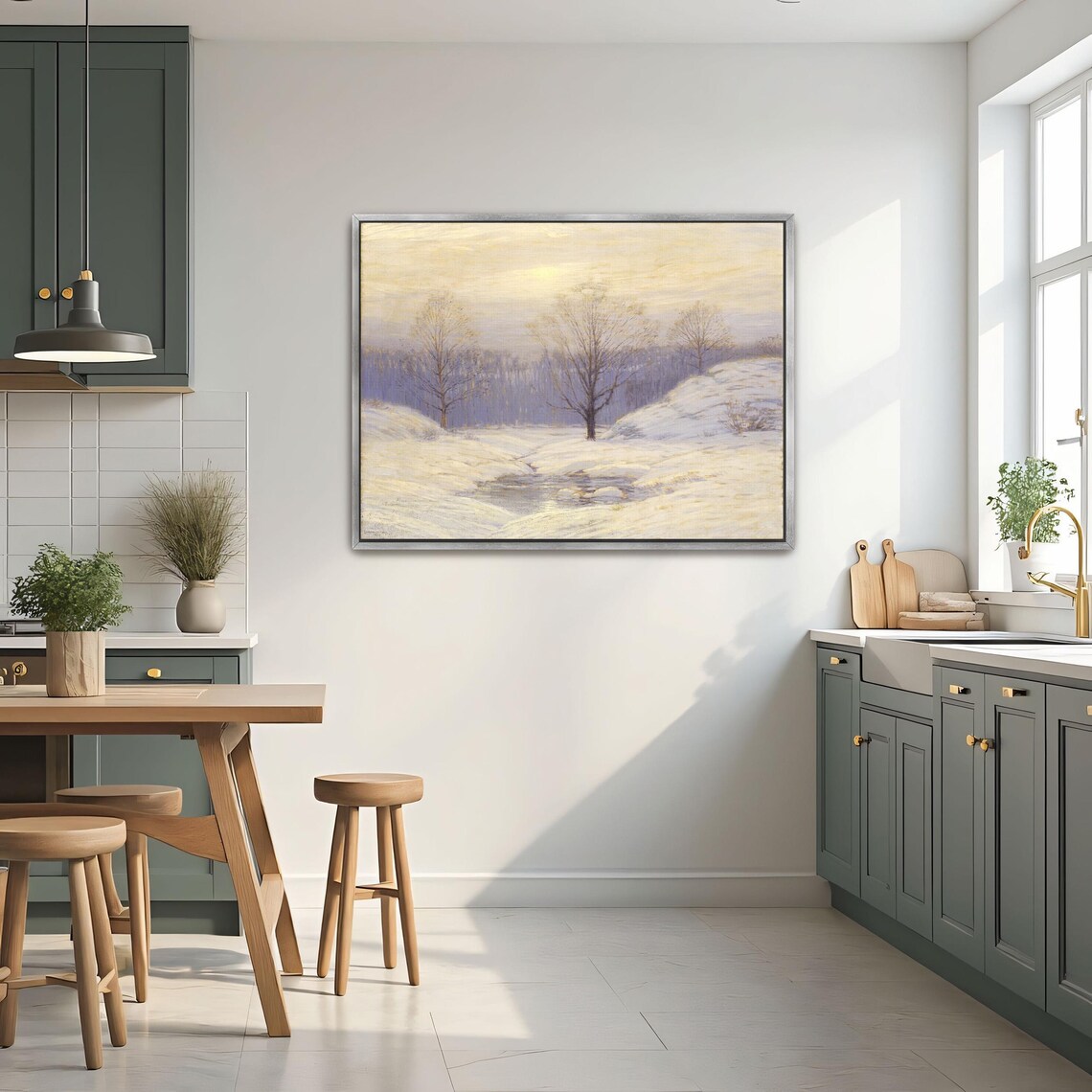 Framed Print Of Snowy Landscape With Trees And Stream Landscape Fine Art Print White And Blue Bedroom Decor Rustic Oil Painting
