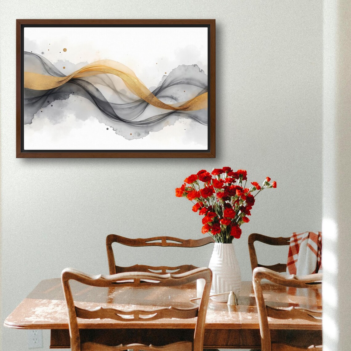 Golden Ribbon Swirl Drifting In Smoky Grey Watercolor Abstract Poster - Image 3