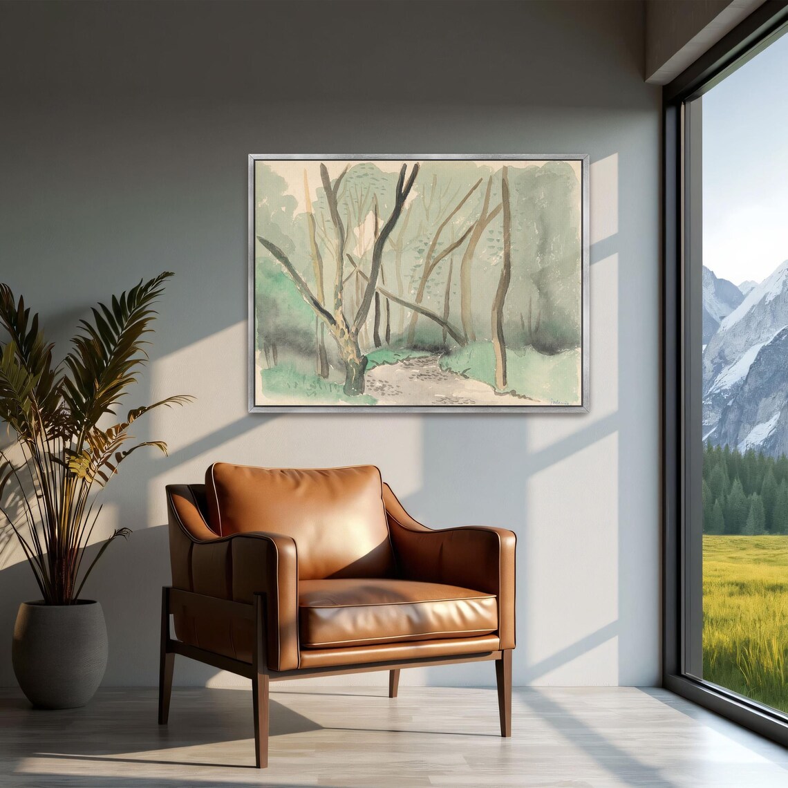 Large Framed Print Of Watercolor Painting Of A Forest Path Landscape Print Green And Brown Entryway Artwork - Image 2