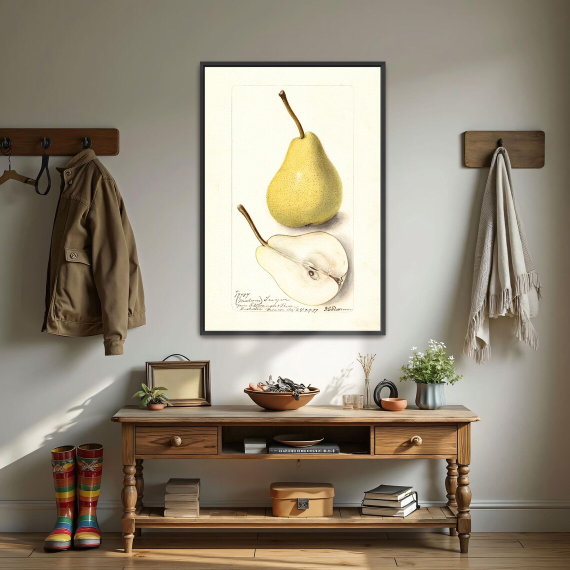 Yellow Pear Whole And Halved Antique Pomological Watercolor Art Poster