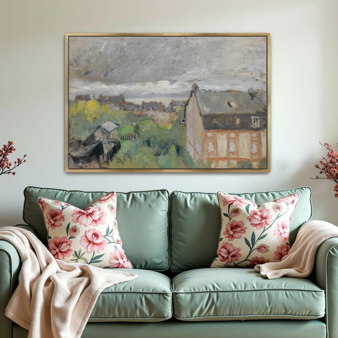Village Houses Under a Cloudy Sky Muted Pastel Town Scene Poster - Image 2
