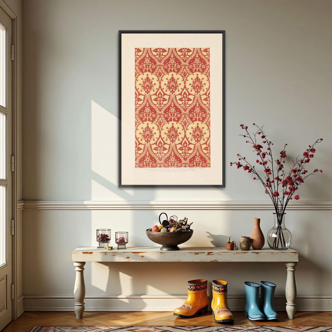 Red and Yellow Medallion Floral Pattern Vintage Ornamental Poster - Image 3