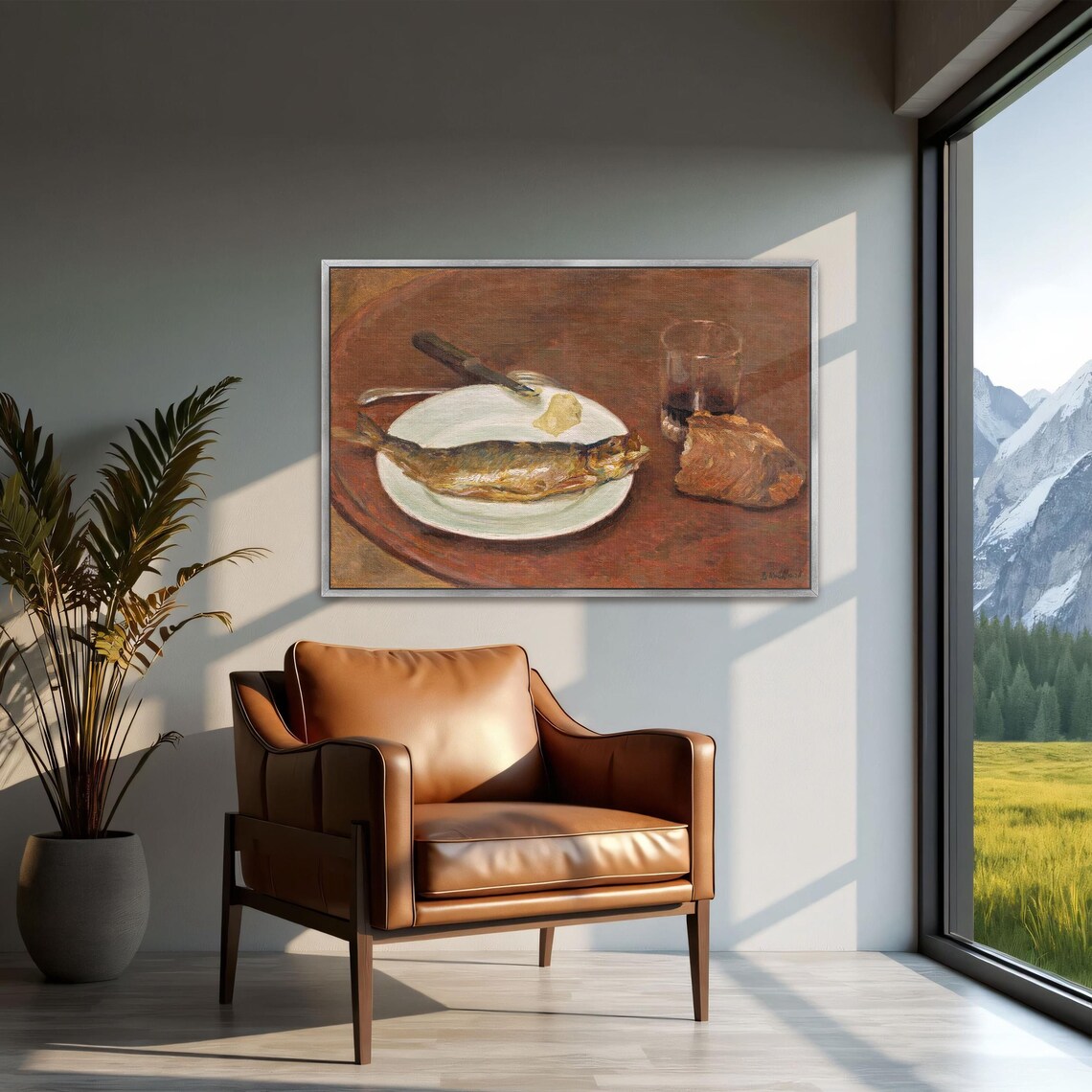 Large Framed Print Of Still Life With A Fish Bread And Glass Animal Print Brown And White Bedroom Artwork - Image 3