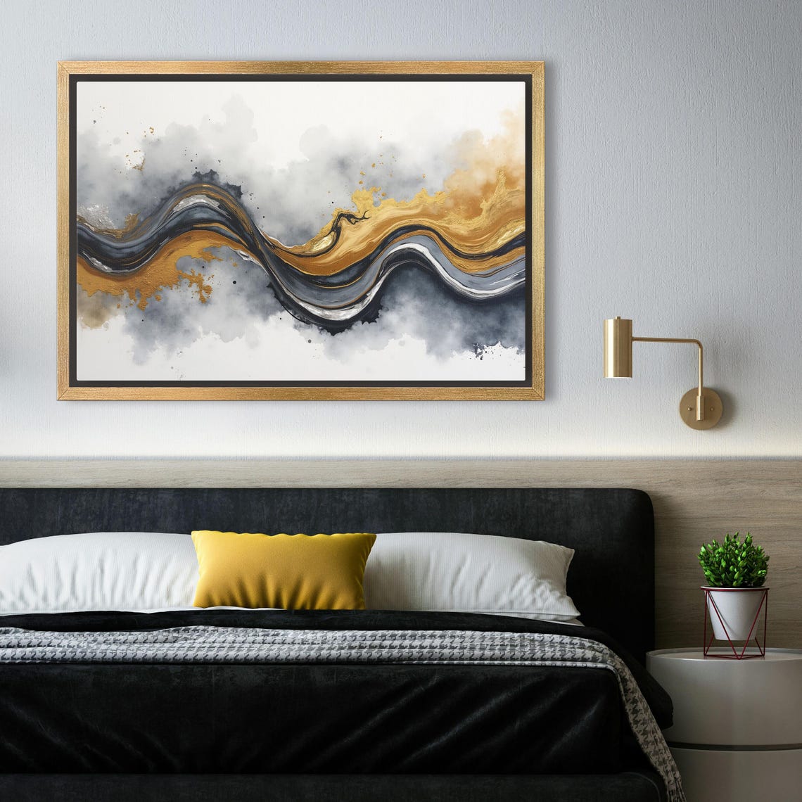 Bold Black Gold And White Marble Wave Watercolor Abstract Art Poster - Image 4