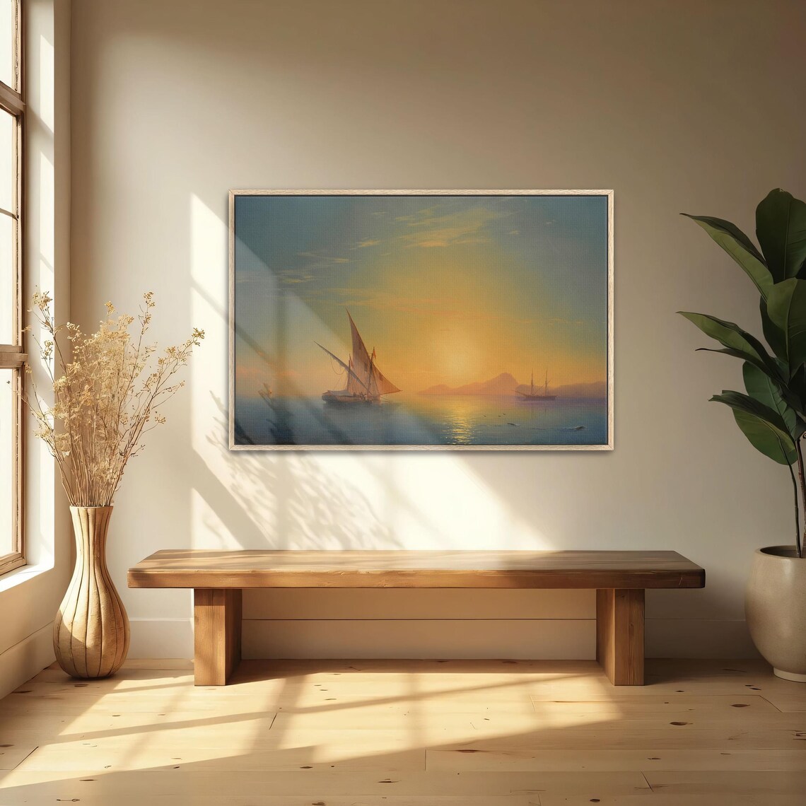 Sailboats on a Calm Sea at Sunset with a Golden Horizon Art Poster