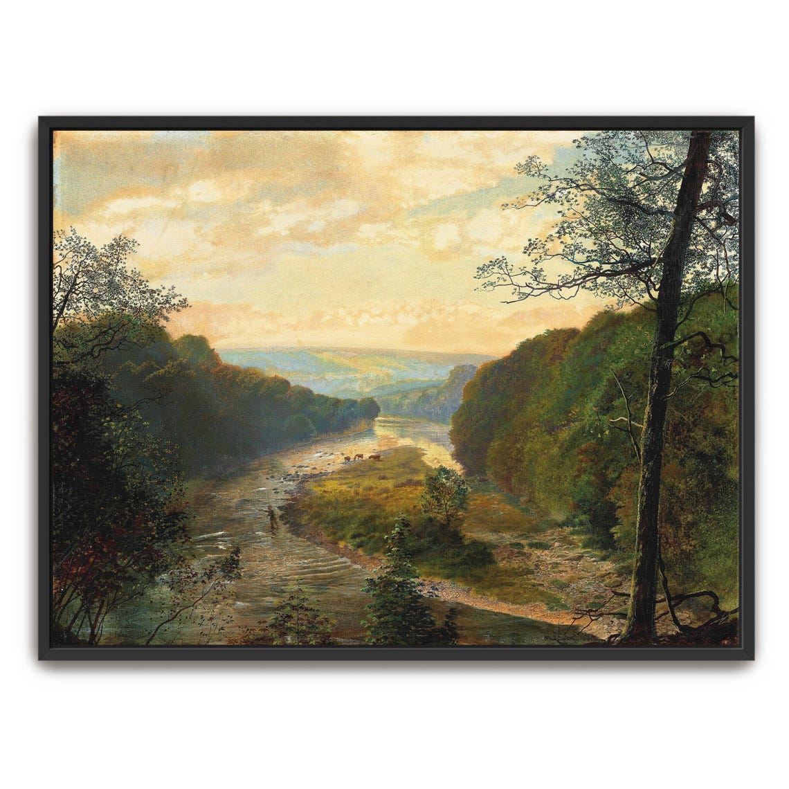 River Valley Landscape With Trees Golden Sky Oil Painting Poster