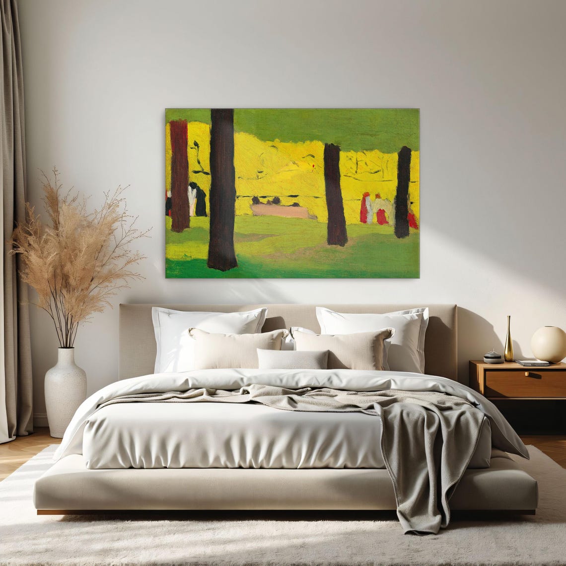 Stylized Park with Figures in Green and Gold Modernist Poster - Image 2