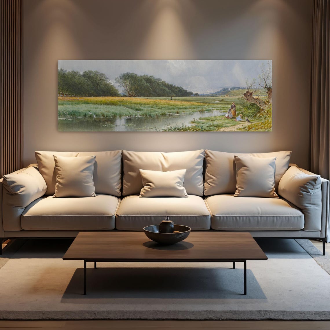 Countryside Landscape With Figures And A Stream Panoramic Wall Art Horizontal Framed Art Above Bed Wall Art Bedroom And Living Room - Image 3