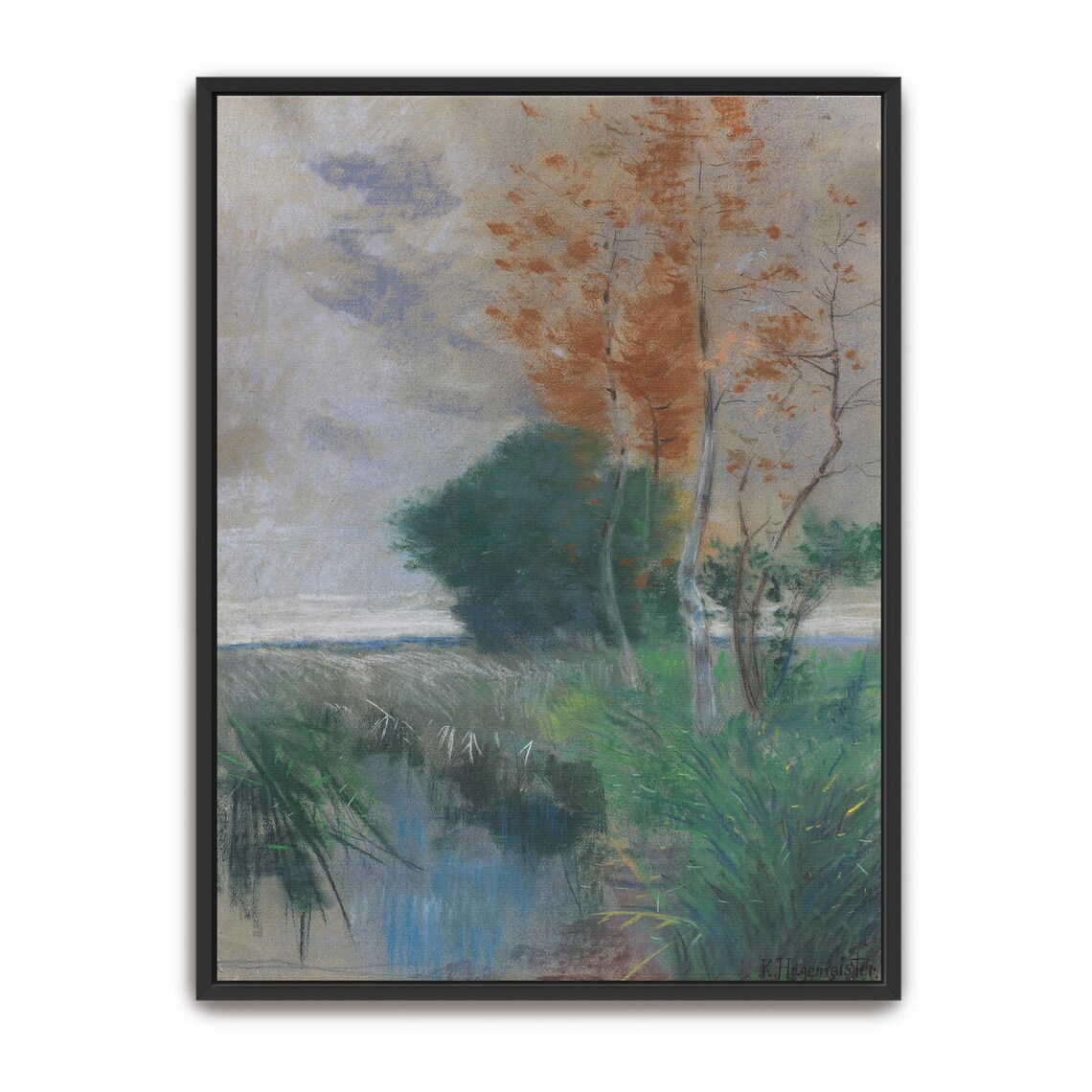 Large Framed Print Of Trees And Grass By A Lake Landscape Wall Art Green And Gray Living Room Artwork Rustic Pastel Painting