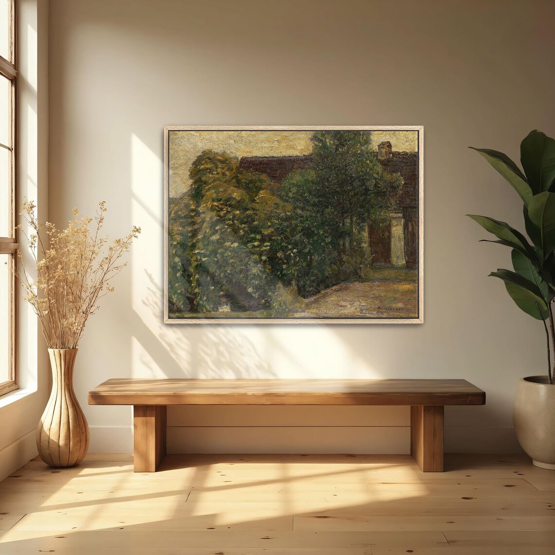 Framed Print Of Trees And A House In A Landscape Landscape Wall Art Green And Brown Entryway Art Print Rustic Oil Painting - Image 4