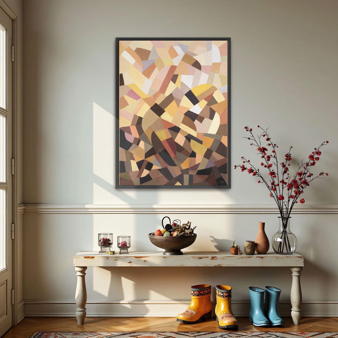 Framed Wall Art Of Abstract Geometric Painting With Brown Yellow And Pink Shapes Geometric Fine Art Print Art Deco Oil Painting - Image 4