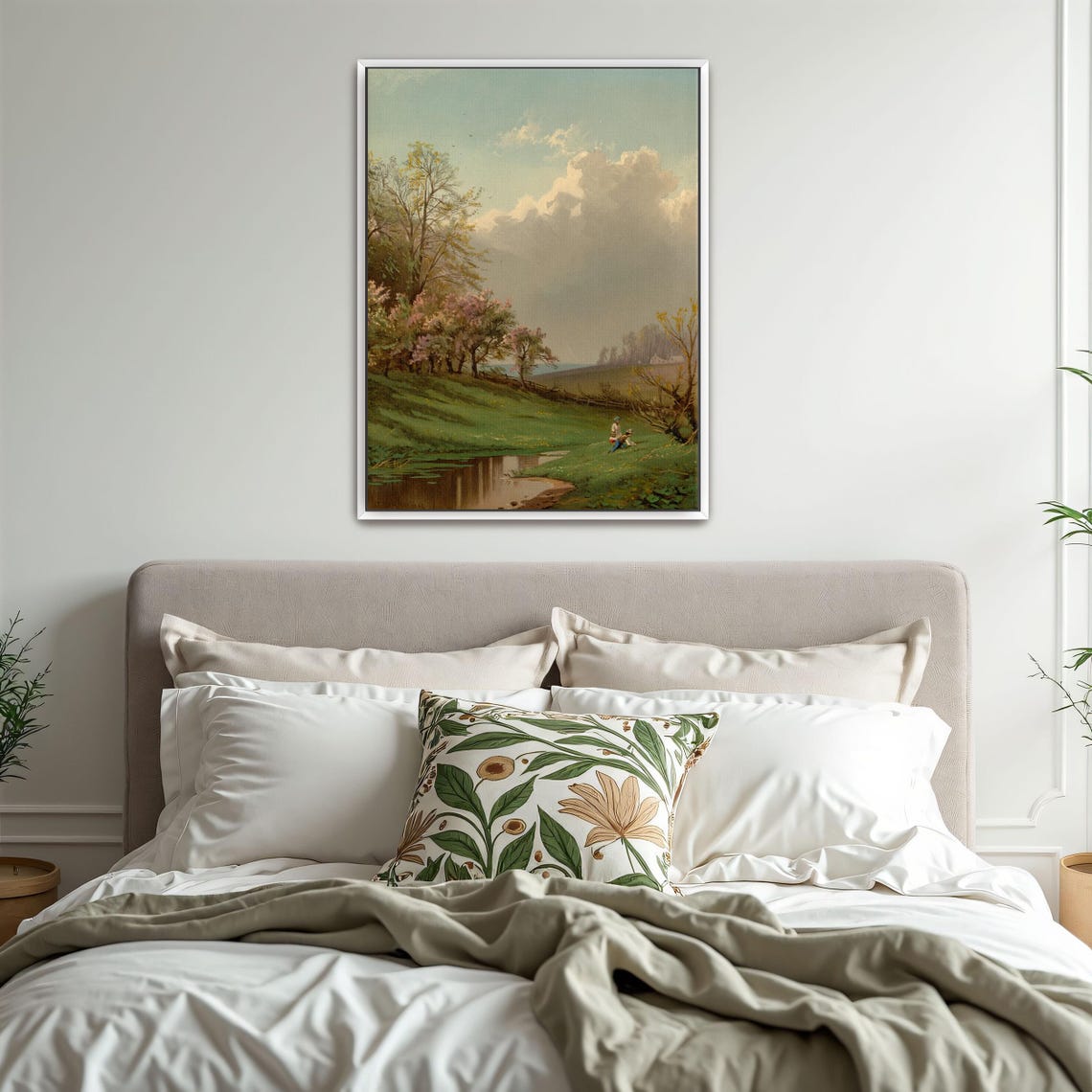 Large Framed Print Of Two Children By A Stream In A Spring Landscape Landscape Fine Art Print Green And Blue Bedroom Artwork - Image 3