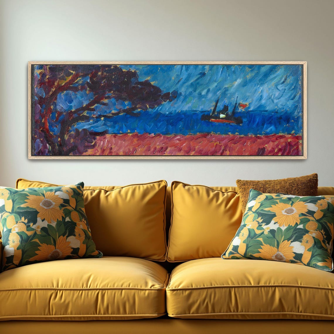 Abstract Landscape With Red Field And Blue Sky Panoramic Wall Art Horizontal Framed Art Above Bed Wall Art Bedroom And Living Room Art - Image 5
