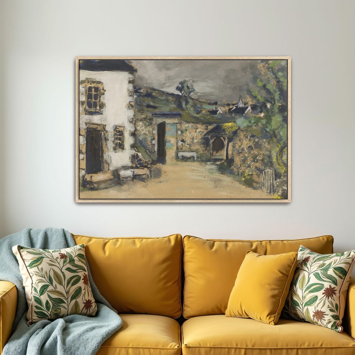 Stone Farmhouse Courtyard Rustic Pastel Village Landscape Poster