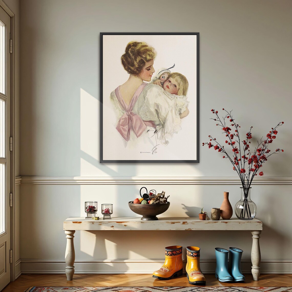 Vintage Illustration Of A Mother Holding Child And Doll Print - Image 3