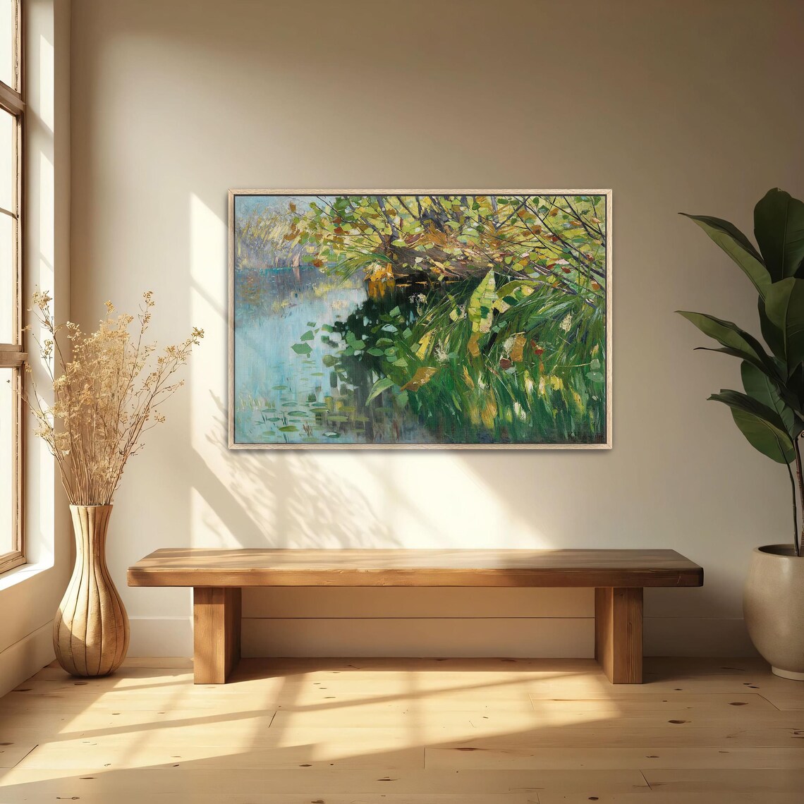Framed Print Of Forest Pond With Green Foliage Landscape Fine Art Print Green And Blue Bedroom Artwork Rustic Oil Painting - Image 4