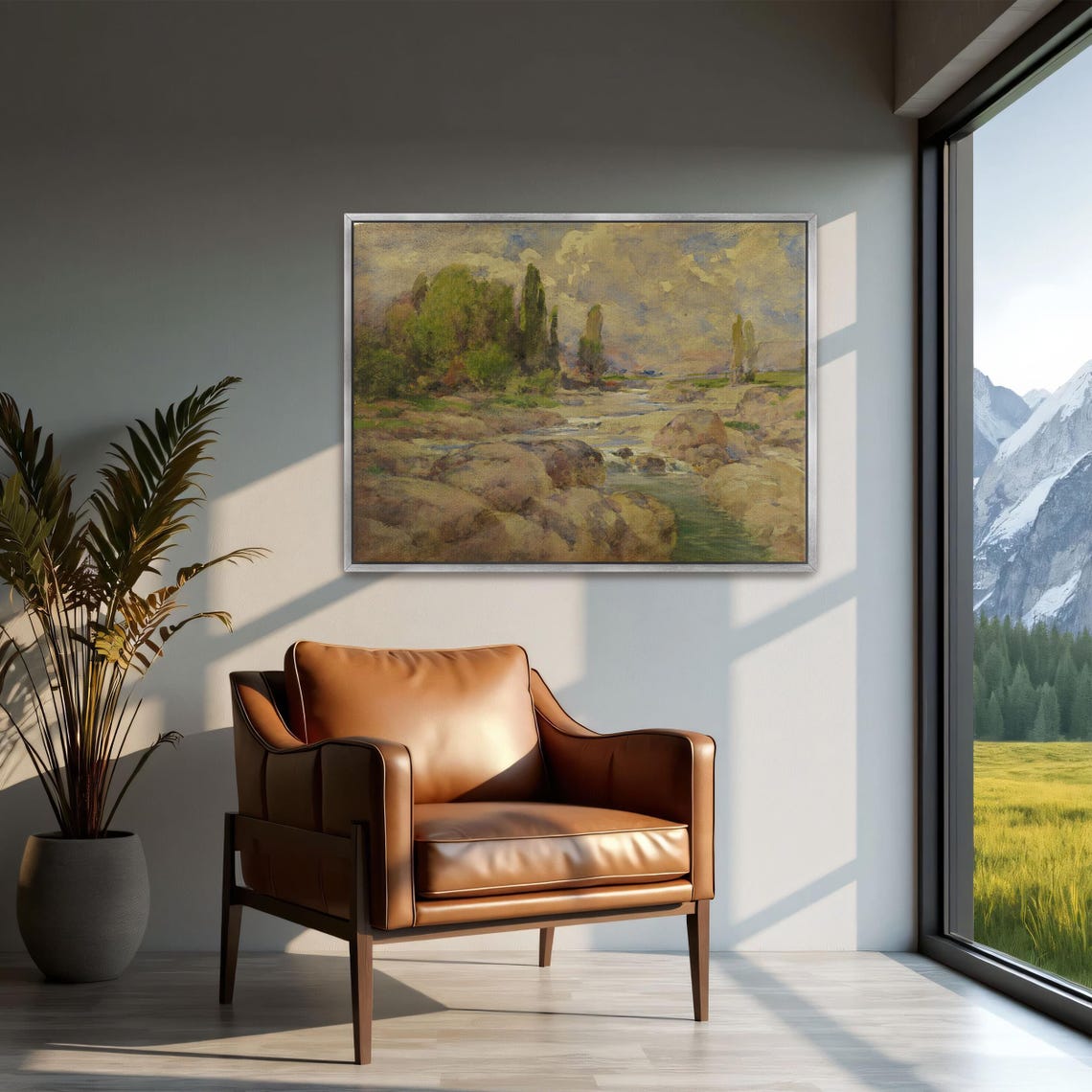 Rocky Riverbed with Green Trees under Cloudy Skies Landscape Poster