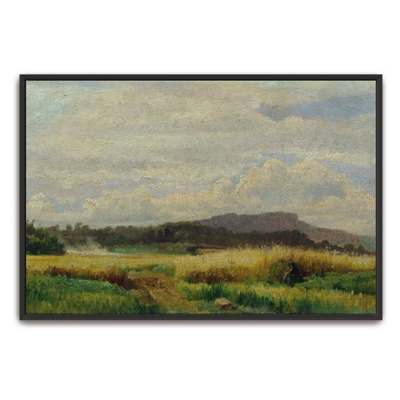 Large Framed Print Of A Woman In A Field With A Cloudy Sky Landscape Wall Art Green And White Living Room Decor Farmhouse Art