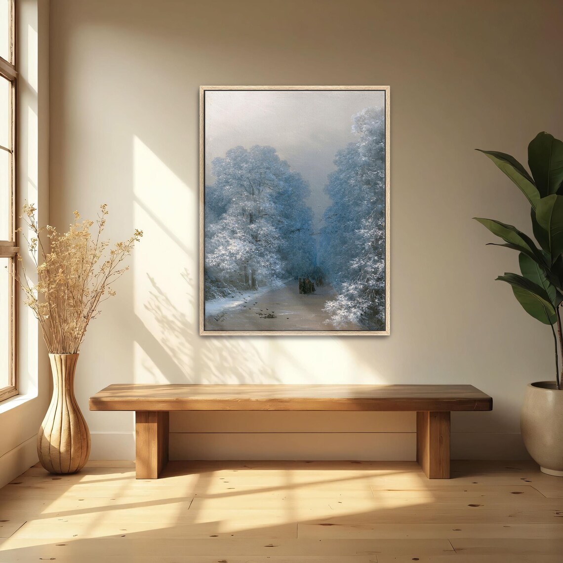 Large Framed Print Of Snowy Forest Path With Figures Landscape Print White And Blue Living Room Decor Minimalist Art - Image 4