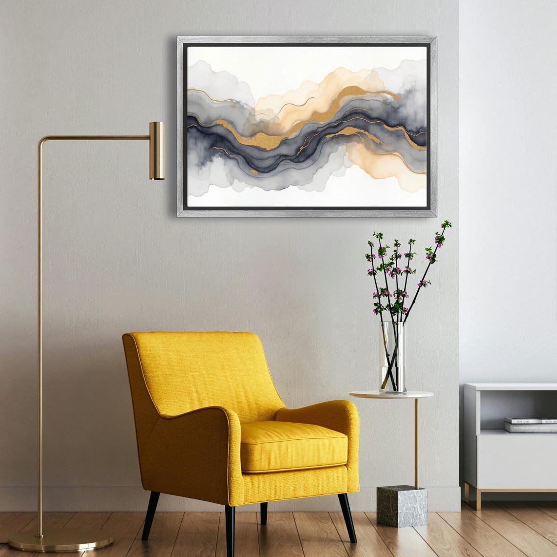 Gold Glitter Ribbon Through Dark Indigo Ink Waves Abstract Art Poster - Image 5