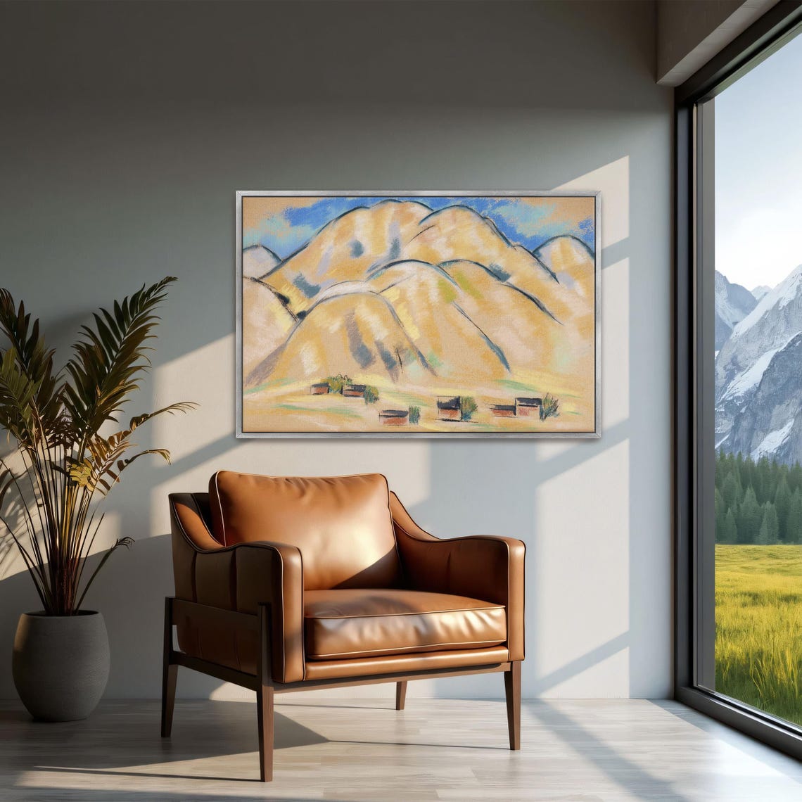 Framed Print Of Pastel Painting Of Hills And Houses Mountain Wall Art Beige And Brown Bedroom Artwork Rustic Pastel Painting - Image 3