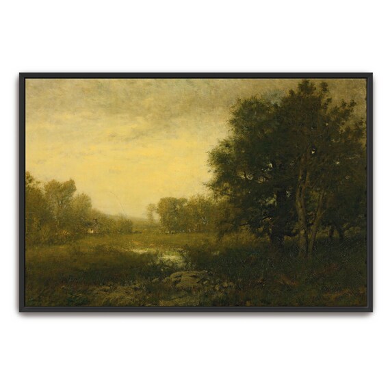 Large Framed Print Of A Summer Landscape With Trees Landscape Fine Art Print Green And Brown Entryway Decor Rustic Oil Painting