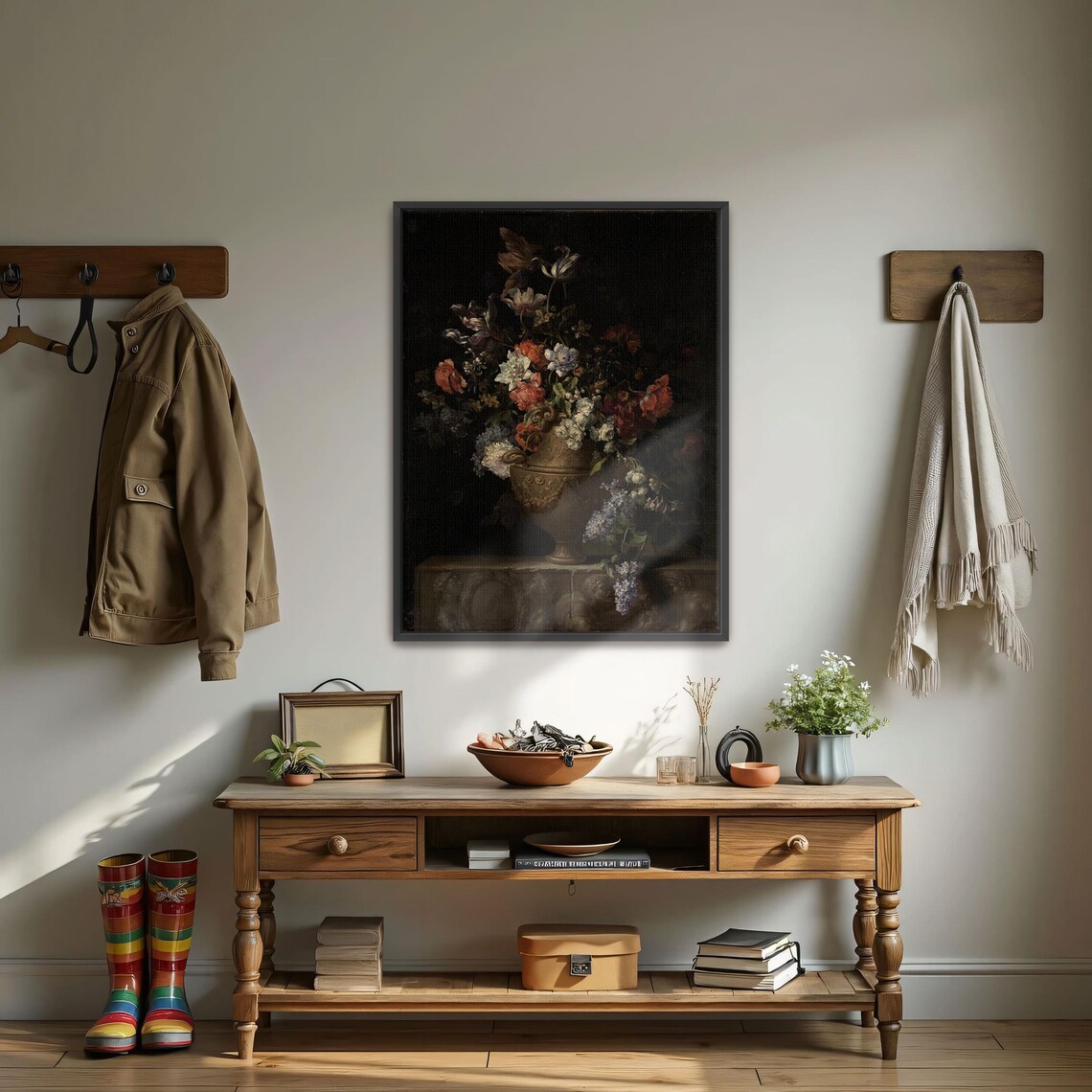 Vintage Dark Floral Bouquet in Urn Still Life Oil Painting Poster - Image 4