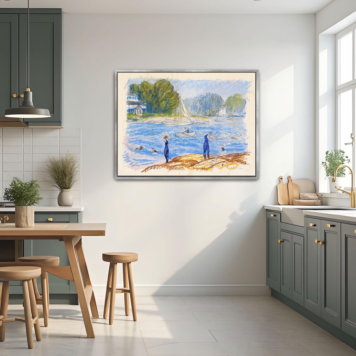 Bathers On A Beach With Sailboats Vintage Pastel Painting Poster - Image 2