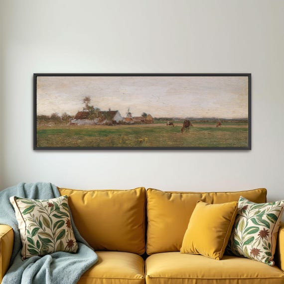 Farmhouse In A Field With A Cloudy Sky Panoramic Wall Art Horizontal Framed Art Above Bed Wall Art Bedroom And Living Room Art Wide