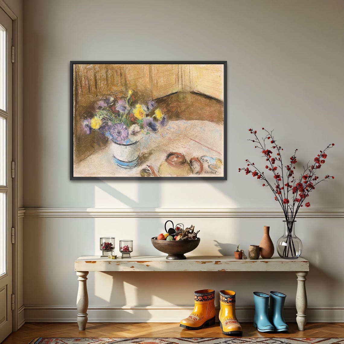 Pastel Still Life of Flower Bouquet with Teapot on a Table Poster