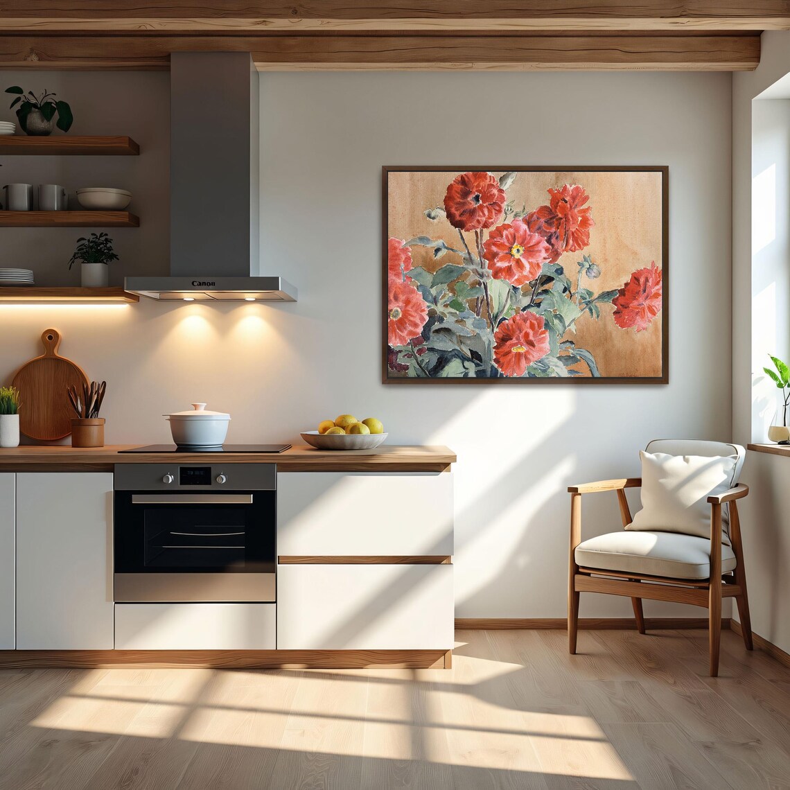 Red Dahlias Watercolor Bouquet on Warm Ground Floral Art Poster - Image 6