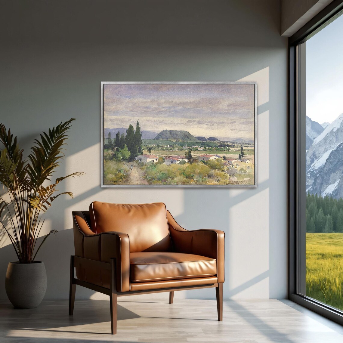Watercolor Hilltop Village Mountain Landscape Countryside Poster - Image 3