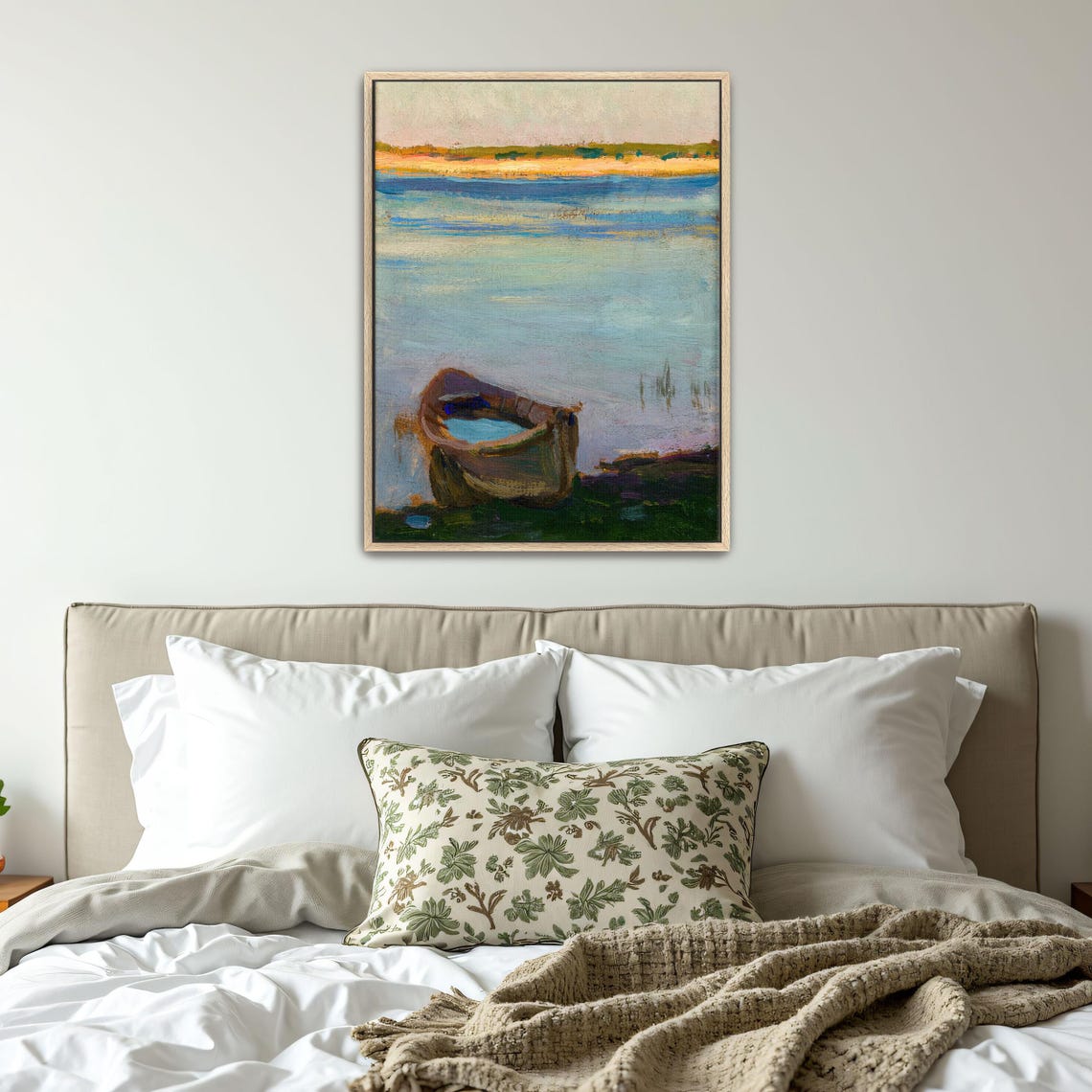 Framed Print Of Boat On A Calm River Landscape Fine Art Print Blue And Green Entryway Art Print Rustic Oil Painting - Image 5
