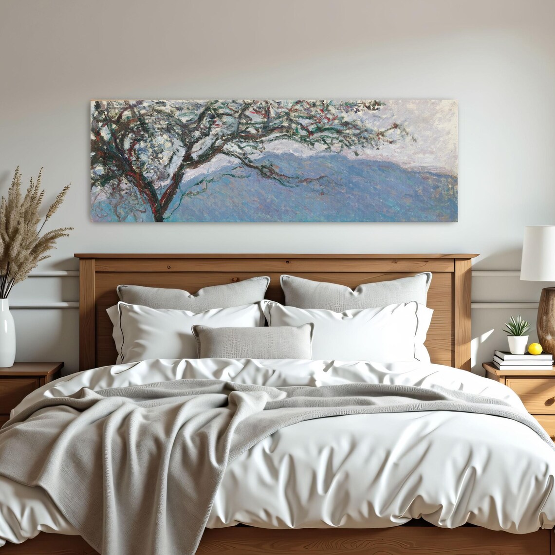 Impressionist Landscape Painting With Tree Panoramic Wall Art Horizontal Framed Art Above Bed Wall Art Bedroom And Living Room Art - Image 3