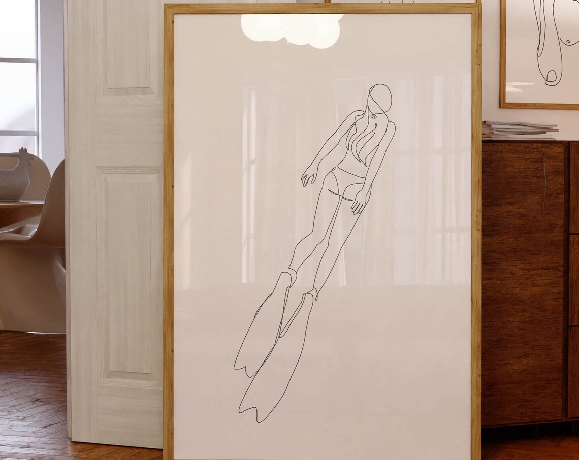 One Line Female Diver With Fins Minimalist Ocean Swimming Art Poster