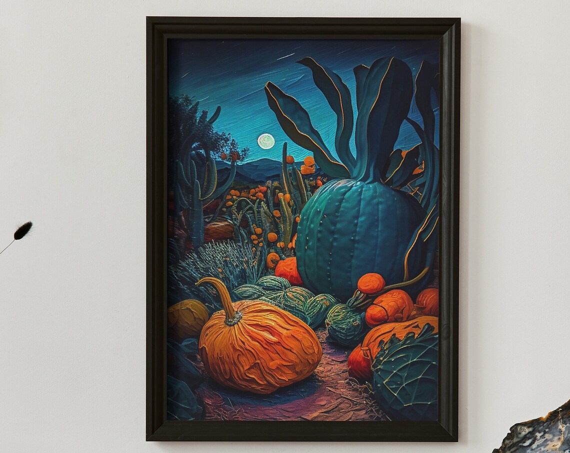 Moonlit Pumpkin Patch Night Garden Orange Teal Harvest Poster