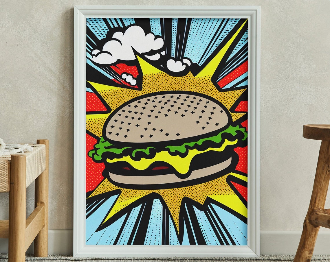 Pop Art Style Cheeseburger Explosion Comic Kitchen Wall Poster